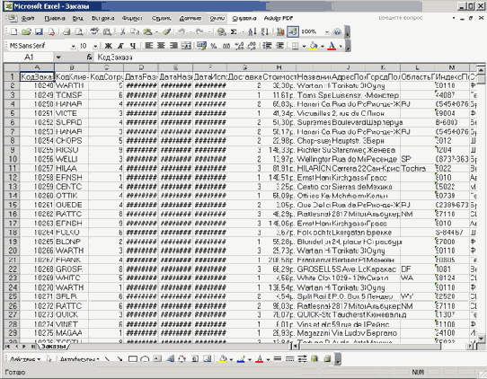 Рис. 1.1. Хранение данных в таблице Excel