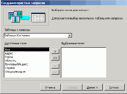 Окно Создание простых запросов